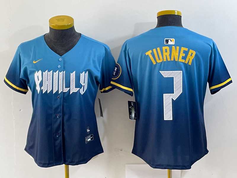 Womens Philadelphia Phillies #7 Trea Turner Blue 2024 City Connect Limited Stitched Jersey